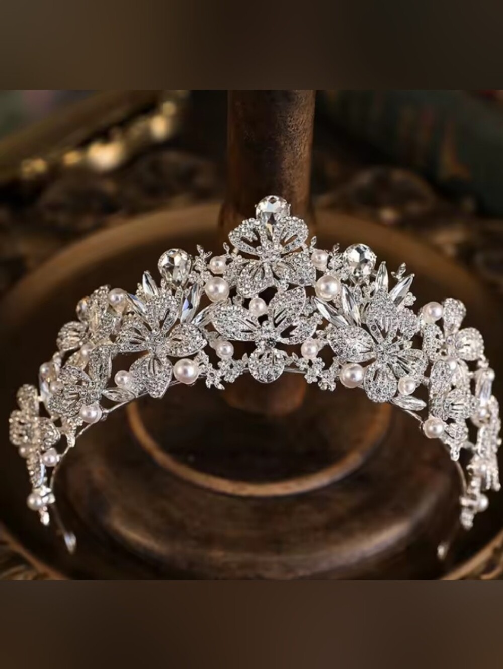 Silver Pearl Floral Crystal Tiara - Elegant Women’s Hair Accessory